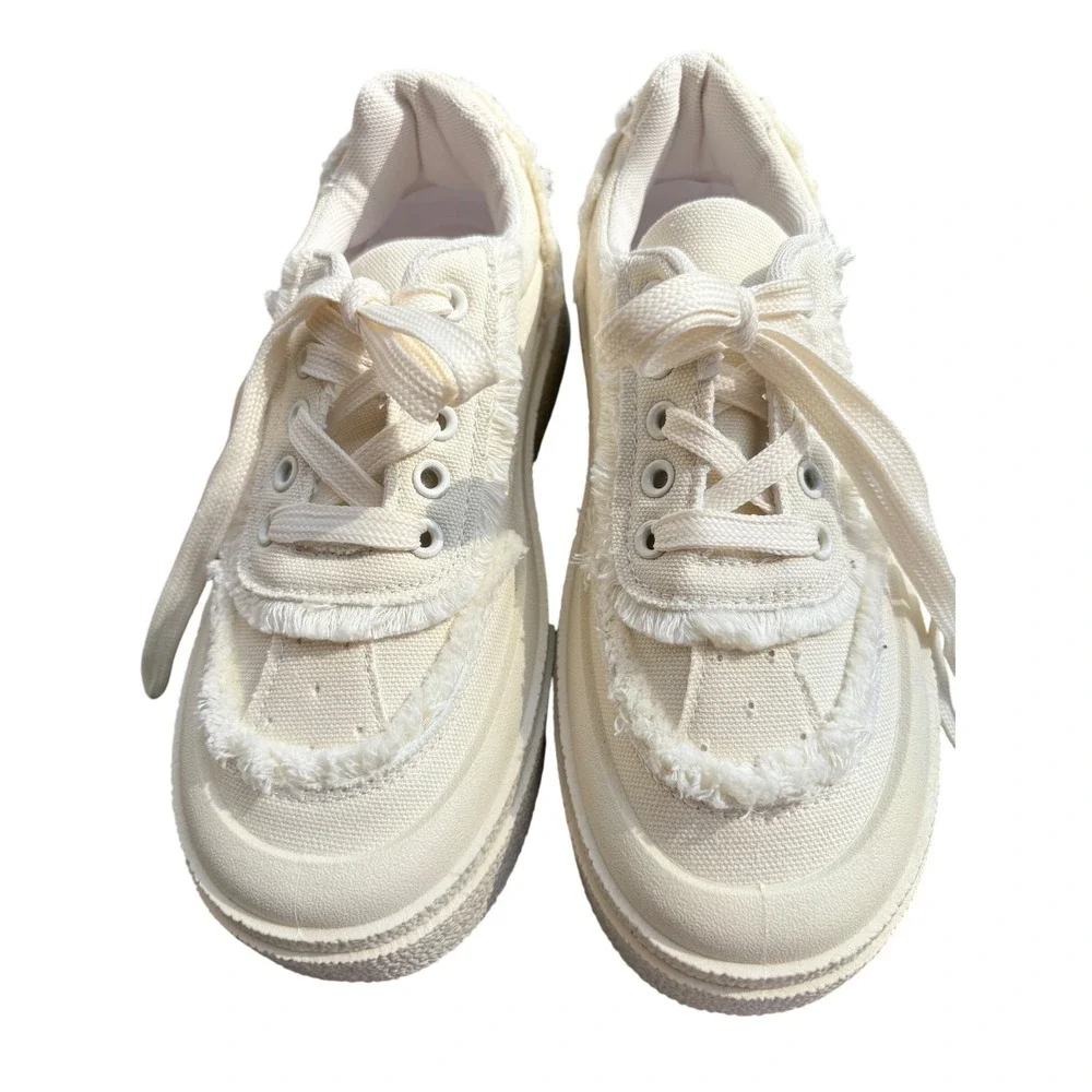 Pacogil Kids Cream Canvas‎ Frayed Platform Sneakers Low Top Distressed Shoes